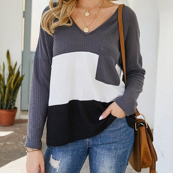Licosa Group Tops - Charcoal Color Block Waffle Knit Top | Long Sleeve V-Neck | NWT